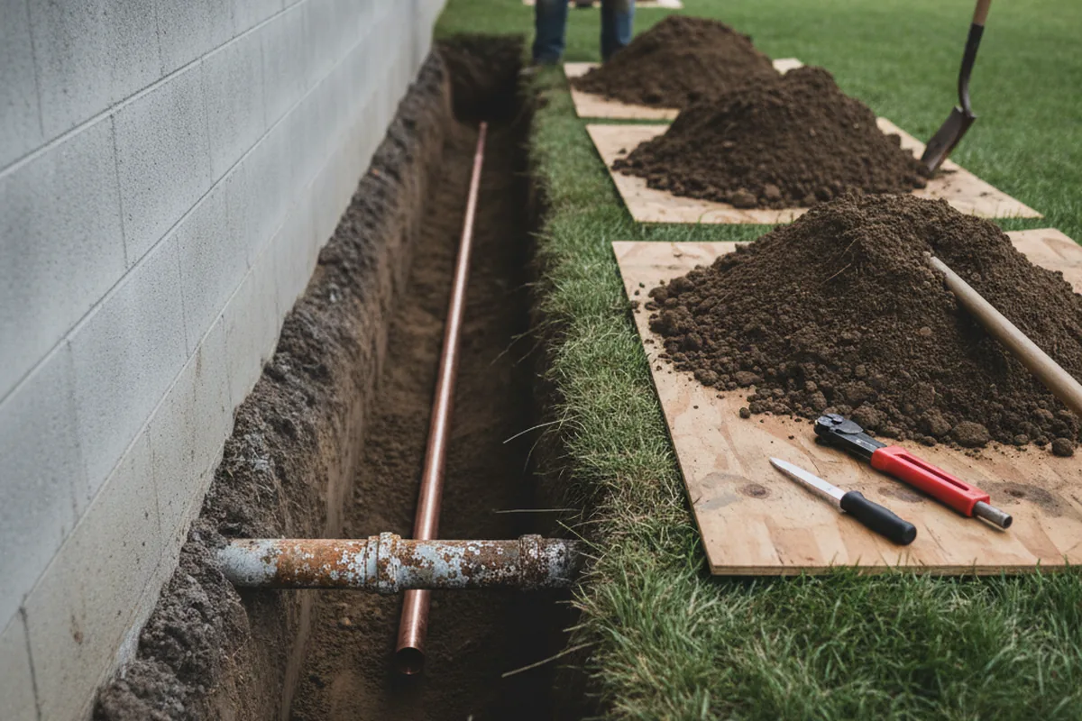 Excavated water line trench during Water Softener Installation in Vacaville